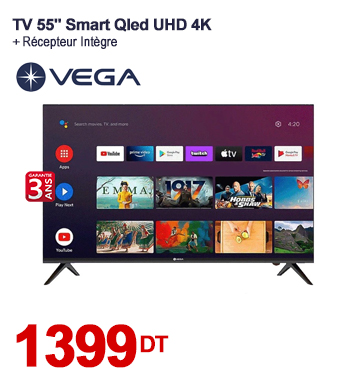 Tv VEGA 55 Smart Qled UHD 4K Avec Récepteur Intégré - Noir