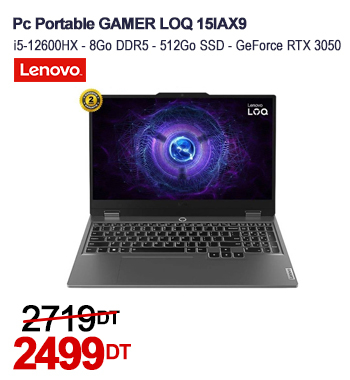 PC Portable Gamer LENOVO LOQ 15IAX9 i5 12ème Gén 8G RTX 3050