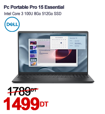 PC Portable DELL Pro 15 Essential Intel Core 3 100U 8Go 512Go SSD - Noir