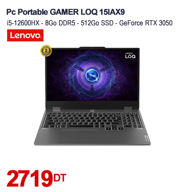 PC Portable Gamer LENOVO LOQ 15IAX9 i5 12ème Gén 8G RTX 3050