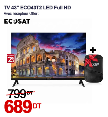Tv Ecosat 43″ ECO43T2 LED Full HD Avec Récepteur FUN-40