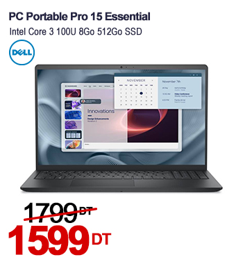 PC Portable DELL Pro 15 Essential Intel Core 3 100U 8Go 512Go SSD - Noir