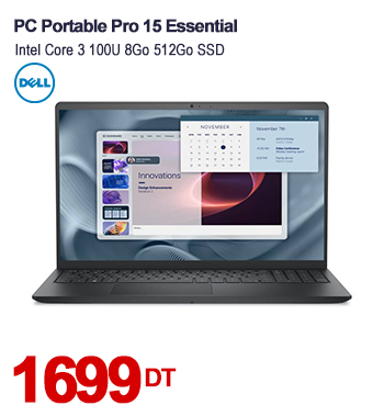 PC Portable DELL Pro 15 Essential Intel Core 3 100U 8Go 512Go SSD - Noir