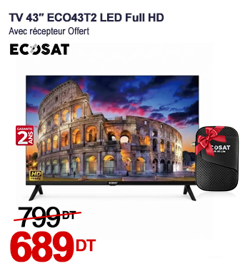 Tv Ecosat 43″ ECO43T2 LED Full HD Avec Récepteur FUN-40