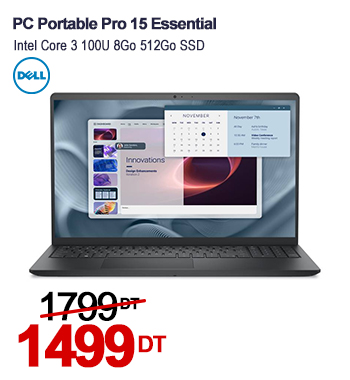 PC Portable DELL Pro 15 Essential Intel Core 3 100U 8Go 512Go SSD - Noir