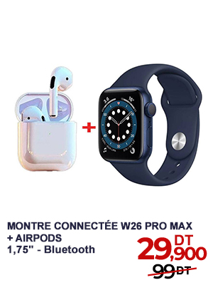 Coffret W26 PRO MAX Montre Connectée + Airpods - Bleu