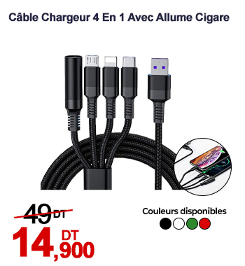  Câble Chargeur 4 En 1 Avec Allume Cigare